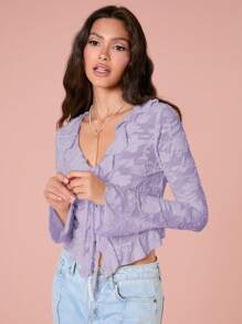 Enchnt 女士优雅纯色镂空荷叶边系带T恤