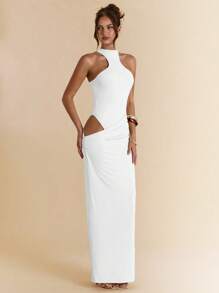 SHEIN BAE Đầm ngắn bodycon hở tay màu đào bất đối xứng, Đầm maxi thanh lịch cho kỳ nghỉ, bãi biển, khách dự tiệc cưới - trắng - Xem 3