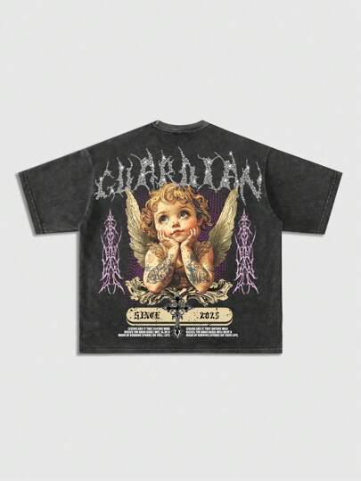 Street Life Herren Bedrucktes Kurzarm T-Shirt im Used-Look, locker geschnittener Crop-Stil