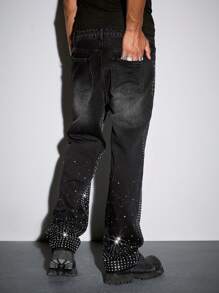ROMWE MEN Street Life Men's Rhinestone Embellished Layered Flared Leg Jeans - Black - View 4