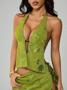 SHEIN PETITE Spring And Summer Women Minimalist Fitted Halter Tank Top, Casual Holiday Wear/Beach - Green - View 4