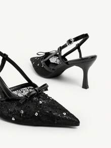 CUCCOO CHICEST 女士蝴蝶结刺绣蕾丝尖头细高跟鞋，优雅浪漫性感黑色网眼漆皮高跟鞋，露趾正装鞋，适合约会、派对、婚礼 - 黑色 - 查看 4