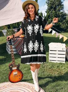 EMERY ROSE Plus Size Raglan Sleeve Casual Open Front Collar Curved Hem Ladies Dress With Pockets, Unique Linen Blend Music Festival Boho Print, Suitable For Spring/Summer Country Music Music Festival Bohemian Vacation Dresses Casual - Black and White - View 4