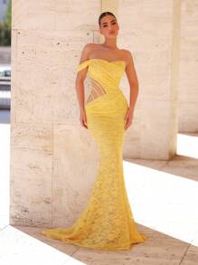 Glamrae Robe de soirée sirène plissée transparente avec manches asymétriques en dentelle et paillettes jaunes élégantes pour femmes - Jaune citron - Voir 3