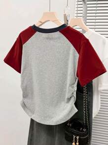 大码女式不对称下摆抽绳短袖休闲T恤，时尚修身