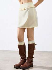 GENKIRA New Minimalist Commuter Bow Decor Bodycon Mini Skirt For Women - Beige - View 5