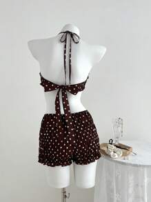 Elamini 波尔卡圆点吊带比基尼上衣和短裤 - 咖啡棕 - 查看 2