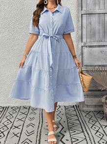 SHEIN PETITE Elegant Striped Print Short Sleeve Long Dress For Plus Size Women Summer Women Clothes  Curve Plus   Vacation Women Clothes   Shein Curve - Blue and White - View 5