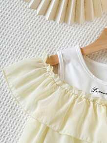 Young Girl Letter Graphic Asymmetrical Sleeve 2 In 1 Pearl Chiffon Panel T-Shirt Top, Summer