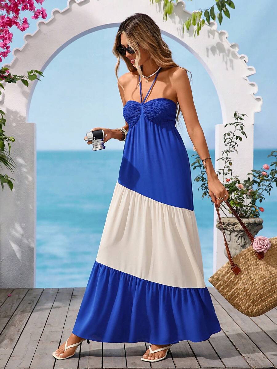 Vivid Eden Đầm Bandeau dài thắt nơ phía trước hai tông màu cho kỳ nghỉ của phụ nữ - Nhiều màu - Xem 1