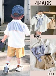 SHEIN 4 件套（含腰带），可爱男婴夏季休闲都市校园白衬衫、松紧腰短裤、条纹披肩，适合生日派对、晚会、表演、婚礼、迎婴派对、1 岁生日庆祝