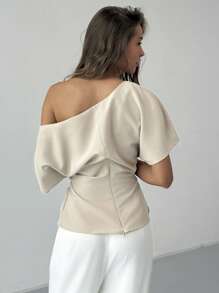 New Apricot Versatile Minimalist Commuter Asymmetrical Batwing Sleeve Ruffle Waist Fitted Pullover Top - Apricot - View 2