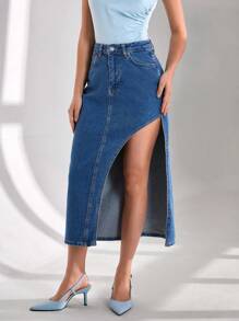 RueChic Zipper Fly Asymmetrical Denim Skirt - Medium Wash - View 3