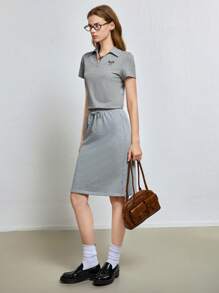 INAWLY Áo thun polo thêu nơ thường ngày mùa hè cho nữ - Xám - Xem 3