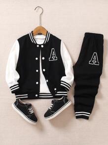 SHEIN Genkimix Kids 2pcs/Set Young Boys' Collegiate Style Outfit - Black Knit Top With White Sleeve Panels & Large Letter A Print, Paired With Matching Printed Sweatpants, Ribbed Collar, Cuffs And Hem, Elastic Waist For Comfort, Casual & Sporty Look Suitable For Spring/Autumn, Daily Wear, School, Travel, Holiday, Relaxation, Sunbathing, Summer - Black - View 7