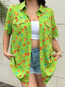 Flirla Plus Size Women's Tropical Print Green Flap Detail Short Sleeve Button Up Shirt - Green - View 2