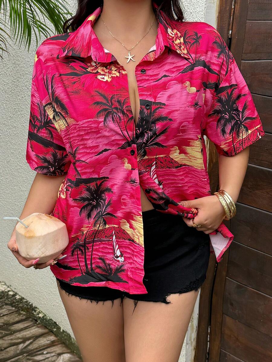 POPSWAY Áo sơ mi trễ vai rộng rãi in họa tiết nhiệt đới cỡ lớn cho nữ, kỳ nghỉ hè - Nhiều màu - Xem 1
