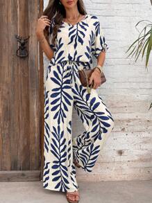 SHEIN Clasi Women Elegant V-Neck Shirt Sleeve Romper & Wide Leg Pants Leaf Print 2 Pieces Set