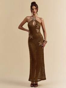 SHEIN BAE Váy bó sát màu nâu cà phê lưới đan móc họa tiết sao biển thời trang xuân/hè, váy che thân đi biển, váy móc, váy mùa hè - màu nâu - Xem 5