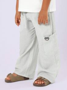 SUMWON 儿童条纹棉质抽绳裤 夏季休闲沙滩阔腿裤 舒适套穿裤脚带口袋 度假装 - 綠色 - 查看 4