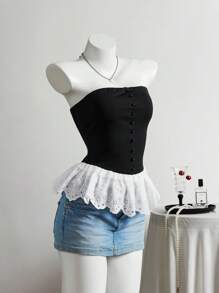 Elamini Women's Spring & Summer Cutout Embroidered Ruffled Hem Peplum Camisole Top - Black - View 6