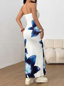 SHEIN EZwear Vestido camisero largo de verano informal con estampado floral azul para mujeres - Azul - Ver 2