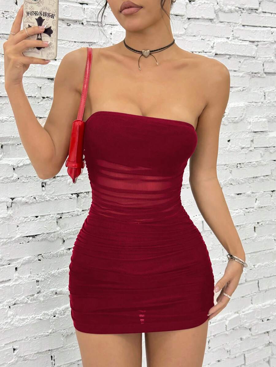 SHEIN EZwear Váy ngắn Bandeau nhún bèo gợi cảm mùa hè cho nữ - Màu Đỏ Sâu - Xem 1