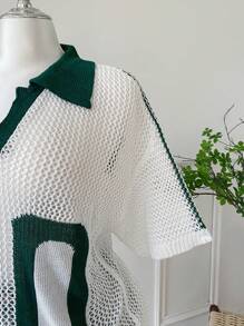 Comfortcana Plus Size Women Casual Openwork Knit Short Sleeve Top,Holiday Outfits,Summer,Going Out Tops, Vintage Tops Women, Preppy Tops,Beach,Vacation,Green And White,European Summer,Streetwear,Graphic Tees