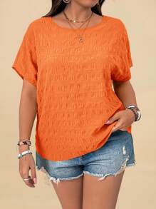 Travachic Plus Size Vacation Batwing Sleeve Textural Round Neck Shirt - Orange - View 5
