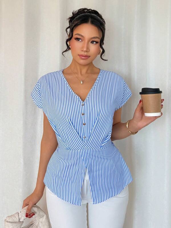 Islaluna Women's French Style Waist Cinching V-Neck Short Sleeve Blouse