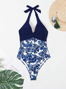 Swim Lushoire 女士花卉印花露背吊带连体泳衣，随机印花 - 藏蓝色 - 查看 4