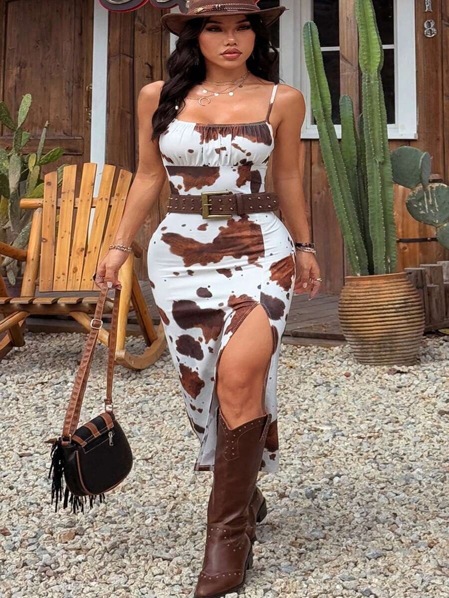 SHEIN EZwear 女士夏季音乐节新款奶牛印花细肩带开叉连衣裙 - 彩色 - 查看 1