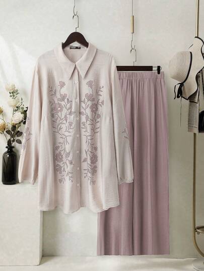 Mulvari 2pcs Plus Size Women Floral Print Long Sleeve Shirt And Pants Set, Vacation