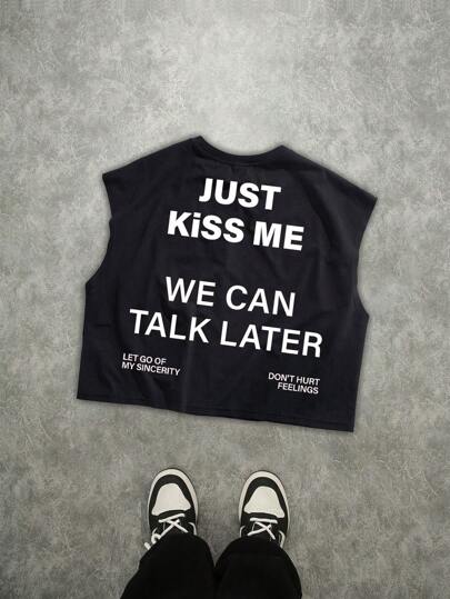 Manfinity Roghcode Streetwear Casual White Slogan Print Black Oversized Boxy Cropped Tank Top