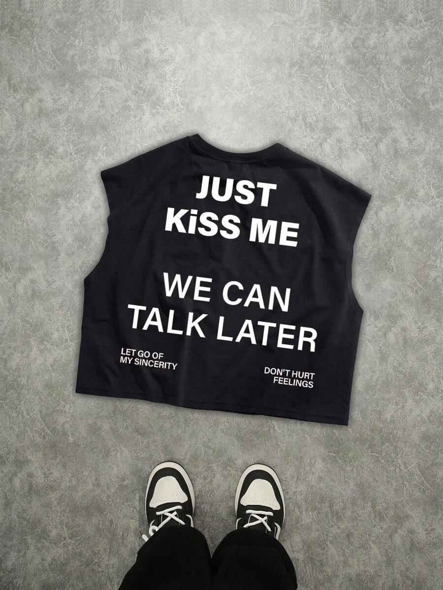 Manfinity Roghcode Áo ba lỗ dáng hộp màu đen in khẩu hiệu thường ngày màu trắng phong cách đường phố - màu đen - Xem 1