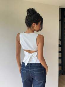 Aloruh 女士通勤日常露背蝴蝶结圆领无袖衬衫 - 白色 - 查看 6