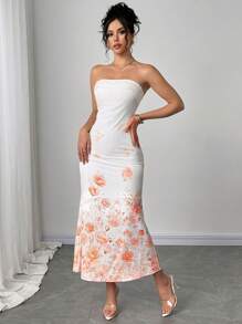 Firerie Ladies New Floral Print Backless Strapless Dress, Suitable For Beach Trips, Outings, Daily Casual Outings, Beach Vacations, Garden Parties/Tea Parties And Other Occasions/Pride Outfits Women/Acation Outfits Woman/Birthday Dress/Teacher Outfits For Women - Multicolor - View 4