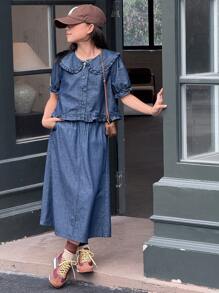 DAZY Tween Mädchen Teenager Rüschen Kragen Jeans Sets, Sommer, Kleidung für den Schulanfang