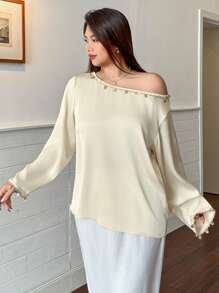 Dazy Plus 1pc Loose-Fit Solid Color Asymmetircal Neck Shell Decor Long Sleeve Blouse - Apricot - View 3