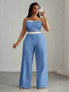 Slaydiva Bộ đồ đôi mùa hè dành cho nữ cỡ lớn, gồm áo quây croptop phối màu sau lưng và quần ống rộng có túi xéo, màu xanh dương nhạt, màu xanh nhạt, bộ đồ đôi màu xanh dương thanh lịch. - Màu xanh lam - Xem 6