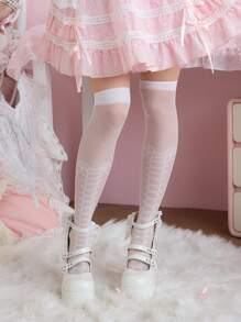 ROMWE Kawaii 1 Paar Spitzen Kreuzbänder Oberschenkel Overknee Socken, Lolita Punk Stil Fake Stiefel Strümpfe, Damen Overknee Strumpfhosen