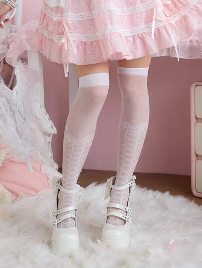 Kawaii 1 Pair Lace Crisscross Bow Thigh High Socks, Lolita Punk Style Faux Boot Stockings, Women Over-The-Knee Hosiery