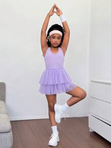 SHEIN Leap Crew Tween Girls' Mesh Patchwork Sleeveless Bodysuit Sportswear - Purple - View 7