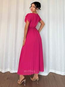 Rafferiza 法式休闲华丽浪漫腰带款式女士优雅连衣裙纯色女士连衣裙女士优雅连衣裙女派对连衣裙 - 酒紅色 - 查看 2