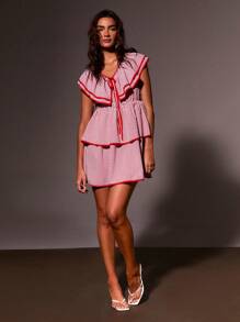 Athîral Vestido mini de verano para mujer con estampado de rayas y volantes - Rojo y blanco - Ver 3