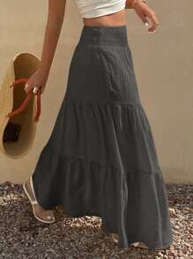 Livesso Women's Summer Ruffled Wide Hem Skirt Vacation - Dark Grey - View 3