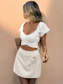 SHEIN Frenchy Váy suông vải lanh màu trơn thắt nơ eo thường ngày cho nữ, váy đi biển mùa hè - Màu be - Xem 5