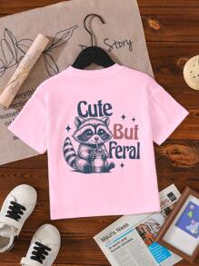SHEIN GraphicGems Casual schattig wasbeer- en slogan-bedrukt T-shirt met korte mouwen voor jonge meisjes, mode en comfortabel voor de lente/zomer