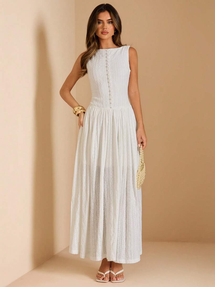 SHEIN BAE 女士夏季无袖针织纹理刺绣精致大码连衣裙优雅连衣裙/女士夏装/白色连衣裙/婚礼宾客礼服女 - 白色 - 查看 1