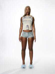 SUMWON WOMEN 夏季天使背心网眼覆盖节日时尚图形印花别致现代美学街头服饰 - 杏色 - 查看 3